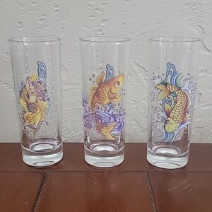 Ed Hardy MERMAIDS & KOI FISH Tall Shooter Glasses, Christian Audigier, Set of 3